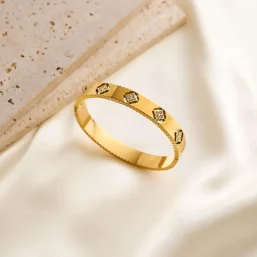 316L Stainless Steel Waterproof Bangle with White Stones - Gold Tone