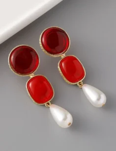 Marble Stone Dangle Earrings - Red