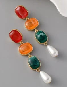 Marble Stone Dangle Earrings - 3 Stone Multicolor