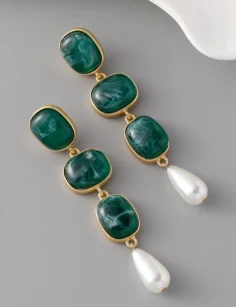 Marble Stone Dangle Earrings - 3 Stone Green