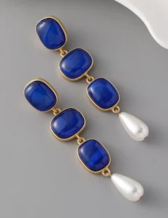 Marble Stone Dangle Earrings - 3 Stone Blue