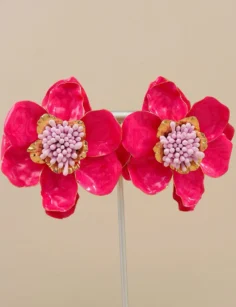 Floral Petal Stud Earrings - Hot Pink