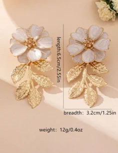 Floral Metal Dangle Earrings - White