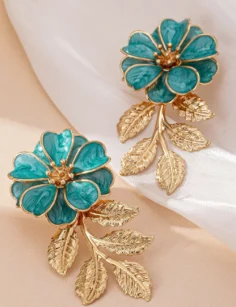 Floral Metal Dangle Earrings - Turquoise