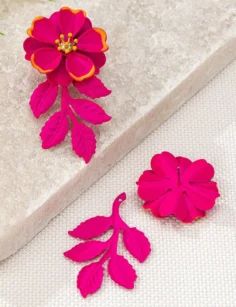Floral Metal Dangle Earrings - Hot Pink