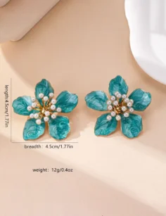 Metal Floral Pearl Earrings - Turquoise