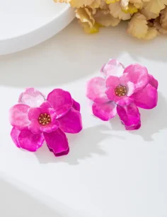 Pink floral stud earrings for women with layered flower petals on a clean product background.