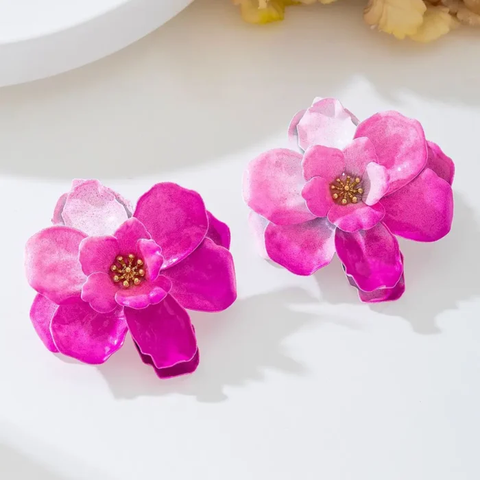 Pink Floral Stud Earrings for Women Pink floral stud earrings for women with layered flower petals on a clean product background.