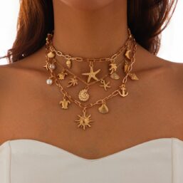 Gold Starfish Layered Charm Necklace for Women