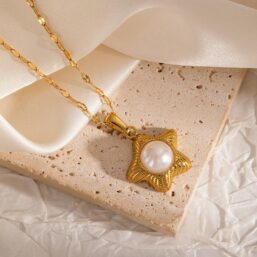 316L Stainless Steel Waterproof Pearl Star Pendant Necklace for Women