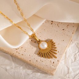 316L Stainless Steel Sunburst Pearl Waterproof Pendant Necklace for Women